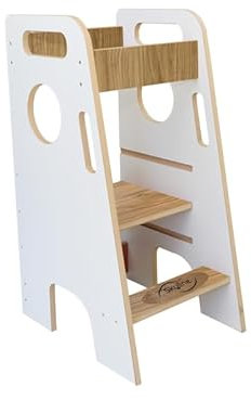 Skyline Baby Montessori Lernturm Kleinkind Trittstufe mit Verstellbarer Höhe und Sicherheitsschiene (Weiß mit Holz)