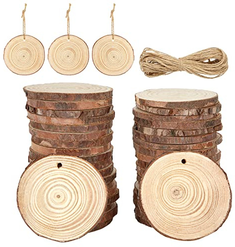 JMIATRY 60 Pcs Natural Wood Slices with Hole, 7-8cm Log Slices | Wooden Circles for Arts, Christmas or Wedding Ornaments and DIY Crafts