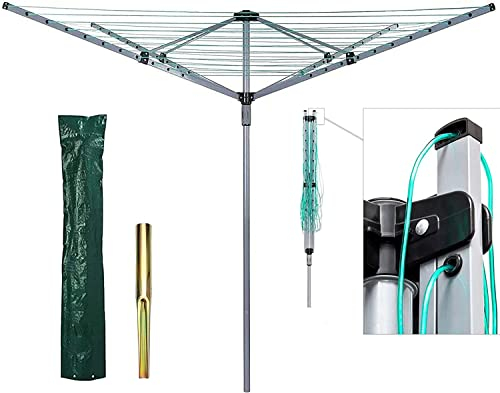 DIEBA 60m Heavy Duty 4 Arm Outdoor Rotary Clothes Airer/Dryer Washing Line With Metal Ground Spike & Water Proof Protective Cover Included - Outdoor Laundry Washing Line Ground Socket