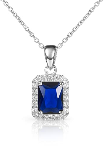 Diamond Treats Damen-Halskette mit Smaragdschliff aus 925er Sterlingsilber mit blauen Zirkonia-Steinen, elegante rechteckige Halskette aus Silber, Saphirblaue Kette für Damen mit Geschenkbox