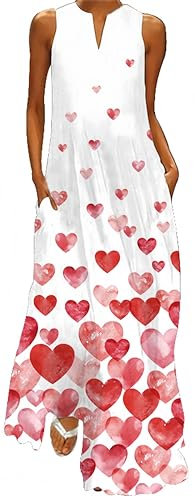 Ocean Plus Robe à Imprimé Floral Vintage à Grand Volant sans Manches à Col en V pour Femmes avec Poches Longues (4XL, Coeur Rose pâle)