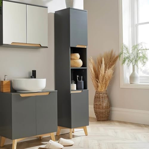 Home Source Florence Bathroom Tall Storage Cabinet, Open Shelving 2 Door Tallboy Organising Unit, Grey
