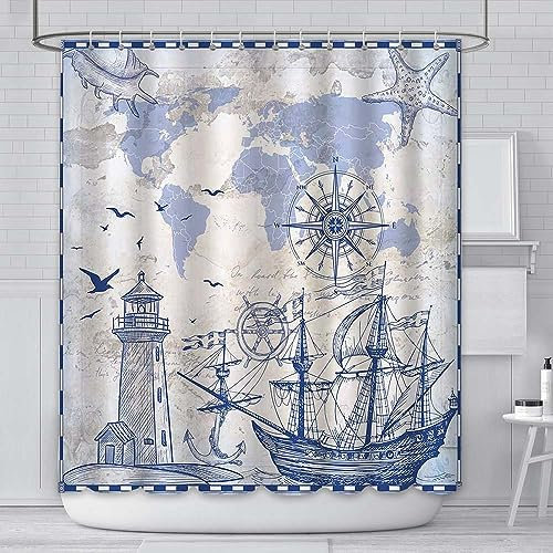 AIBIIN 180x180cm Nautical Sailboat Shower Curtain Compass Hand Painted Navigation Decor Ocean Nautical Theme Shower Curtains for Bathroom Durable Polyester Material with 12 Hooks