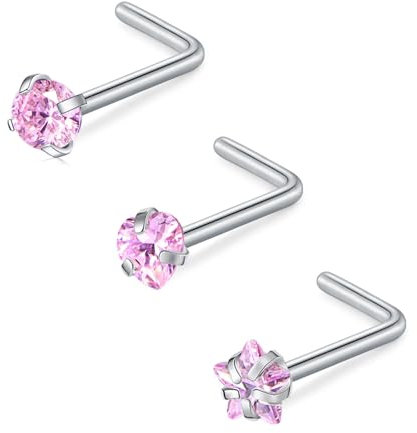 FECTAS 18g Piercing Nez Anneaux Acier Chirurgical Femme Nose Stud Ring Screw Piercing Nez 3mm Diamond CZ Nostril Piercing Argent 3pièces