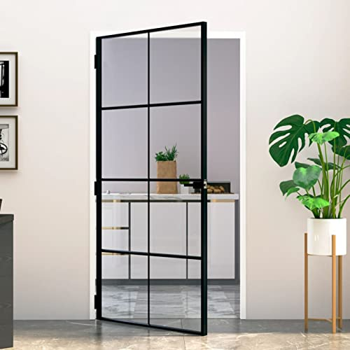 Innentür Schwarz 102x201,5 cm Hartglas & Aluminium Schlank, LAPOOH Zimmertür, Eingangstür, Innentüren, Wohnungstür, Nebeneingangstür, Terrassentür, Außentüren - Montagezubehör inbegriffen