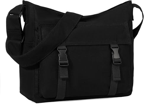 VASCHY Umhängetaschen Herren Dame, Leichte Große Canvas Messenger Bag Crossbody Schulter Hobo Bag für Arbeit/Reisen/College/Schule Schwarz