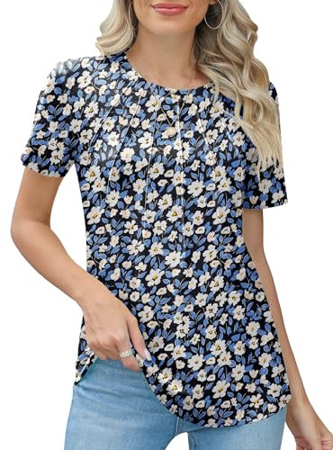 Rapbin Women's Fashion 2024 Summer Tops Dressy Casual Crewneck Short Sleeve Blouses Cute Tunic T-Shirts,Blue & White Floral,M