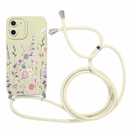 Foonary Handykette Handyhülle für Apple iPhone 12 Mini 5,4, Aesthetic Muster Hülle mit Band Kette Case, Silikon Schutzhülle Necklace Cover mit Schnur Kordel zum Umhängen für iPhone 12 Mini, Blumen 02