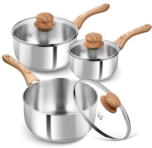 KOCH SYSTEME CS Edelstahl Kochtopf Set, 1QT & 2QT & 3QT Saucenpfanne mit hitzebeständigem Bakelit-Griff, Premium Edelstahl Topf Set, Induktion Sauce Pan Sets, Edelstahl Töpfe 6 Stück