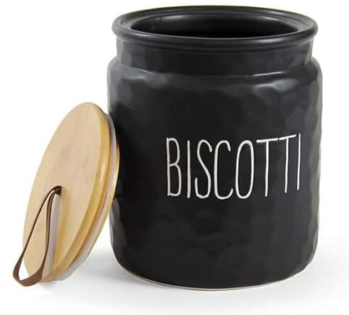 UTILISSIMI EDITACASA - Biscottiera in ceramica tappo in legno e chiusura ermetica colore nero misure 15 * 18 cm