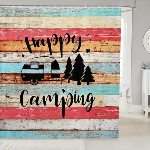 Cortina de Ducha Cámping, Cortina Ducha 200x200 cm Furgoneta Camper Vintage de Madera Cortina Baño Tela Impermeable Antimoho con 12 Ganchos A-1917