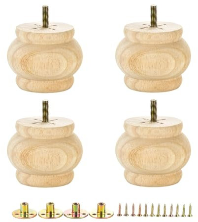 Mysummer Set of 4 Wooden Furniture Legs 2.56inches with M8 Predrilled Bolt Unfinished Bun Feet DIY Replacement for Sofa Couch Chair Ottoman Loveseat Cabinet Legs (unpainted)