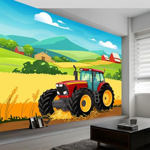 Papier Peint Panoramique Champ De Blé Tracteur Dessin Animé, 200 x 140 cm (WxH) Poster Mural, Jaune Peinture Murale pour Salon Chambre Chambre d'enfants restaurant Décoration Murale