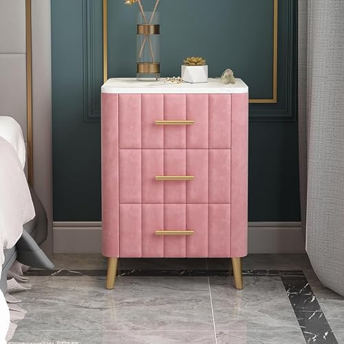 Samt-Nachttisch mit 3 Schubladen, gepolsterter Nachttisch mit Kunstmarmorplatte und Metallbeinen, modernes Ende für Schlafzimmer, Wohnzimmer, kleiner Raum,Rosa,40x40x55cm(16x16x22inch)