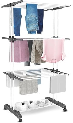 Vonia Wäscheturm mit Rollen – weißer Wäscheständer aus Metall, 3 Ebenen & 6 klappbare Flügel, 72 x 50 x 172 cm – platzsparend, mobil & stabil für Innen- und Außenbereich