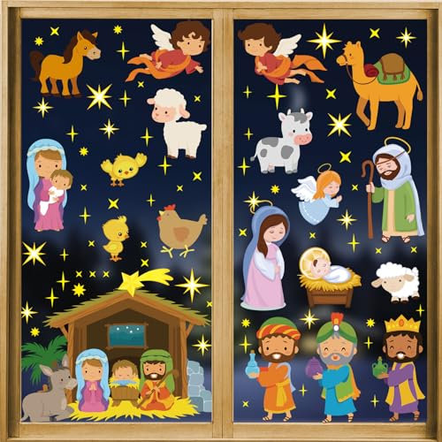 HOWAF Fensterbilder Weihnachten Krippe, Fenstersticker Weihnachten Krippe Fensteraufkleber Weihnachts Nativity Scene Fensterdeko für Türen, Schaufenster, Vitrinen, Weihnachtsdeko, C