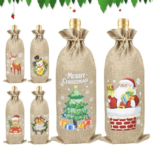 6 sacchetti regalo natalizi per bottiglie, in iuta, riutilizzabili, con coulisse, perfetti per conservare vino, caramelle natalizie, feste e compleanni