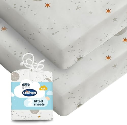 Silentnight Safe Nights Fitted Sheet - Cot Mattress - Breathable 100% Cotton Jersey - Super Soft Kind to Baby Skin - 120x60cm - Secure Fit with Elasticated Corners - 2 Pack, Celestial