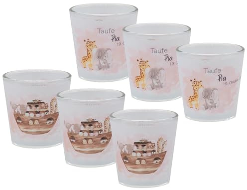Windlicht Banderole Arche Noah Rosa Taufe Geburtstag Tischdeko PERSONALISIERT 7,5cm H, Menge:6 Stück