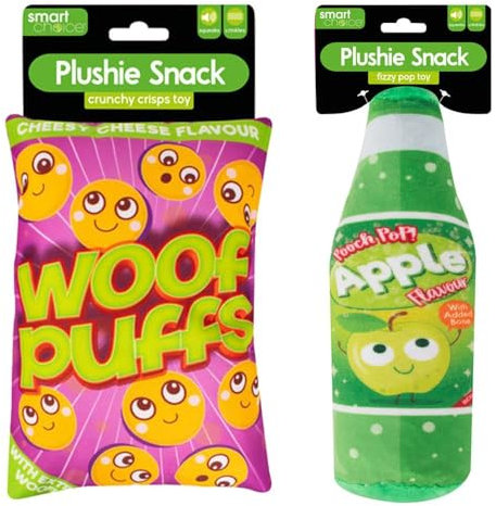 YöL Set of 2 Novelty Dog Plush Toy Squeaker Crinkle Crisp Packet Soft Drinks Woof Puffs + Apple Juice