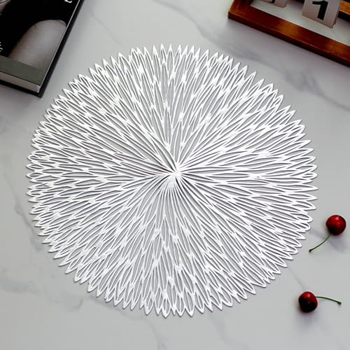 Bishilin Tischsets Abwaschbar 6er Set, Platzsets Waschbar PVC Rund 38CM Blumen Platzdeckchen Silber für Küche Speisetisch für Glastisch Esstisch