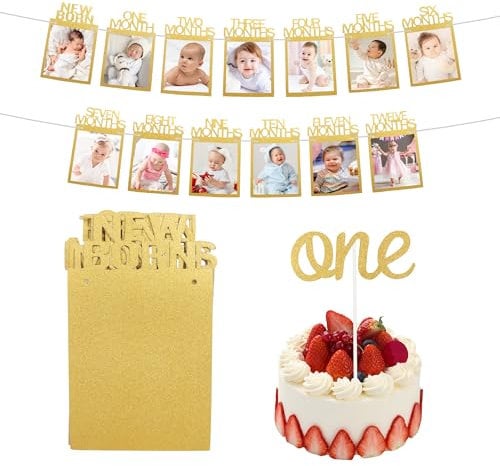 Creaher 1st Birthday Decorations, 1st Birthday Banner Gold 1 to 12 Months Photo Banner One Cake Topper, 12 months Photos Banners,12PCS Baby Photos Banners for Boys Girls