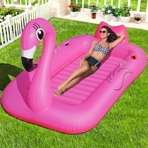 DeeprBling Matelas Piscine Gonflable Flamant Rose, Bouée Piscine Adulte épais avec Poignée, Porte-Boisson et Porte-Téléphone, Matelas Gonflable Bronzage Flamant Rose, Piscine de Bronzage pour Adultes