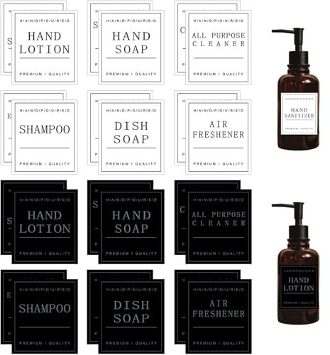 Diffaxy 24 etiquetas impermeables para botellas de baño, etiquetas extraíbles para botellas de jabón de manos, gel de ducha, champú y acondicionador (negro, blanco)