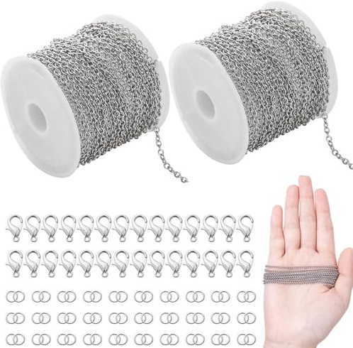 2 Rolle Silber Gliederkette 5m x 2,4mm Edelstahl Kabel Kette Silber Halsketten Schmuckherstellung Edelstahl verdrehte Ketten mit Ringen und KarabinerverschlüSse Spulenkette für Schmuck Diy Herstellung