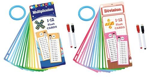 Einmaleins-Karteikarten, Additions-, Subtraktions-, Multiplikations- und Divisionstabellen für Kinder, Mathe-Karteikarten für die 1. bis 3. Klasse mit 4 trocken abwischbaren Stiften und 2 Ringen