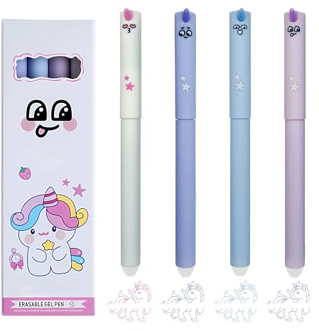 FloraVigo 4er-Pack Gel-Radierstifte, Einhorn-Muster, Kugelspitze zum Entfernen von Tinte – Blau, Himmelblau, Rosenrot, Lila, 0,5 mm Spitzendurchmesser