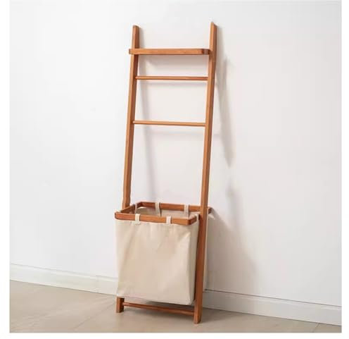 Wooden Bath Towel Ladder Rack Dirty Clothes Basket Wall Leaning Blanket Throw Hanger Stand with Drying Bar Storage Holder and Hamper Basket for Bathroom