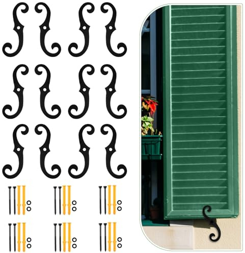 MorningRo Black S Style Shutter Dogs Hardware Decorative Shutter Dog Holders with Attachment Hardware 6.5 Inches External Shutters Tieback for Exterior Decorative Shutters (12 Pack,Iron)