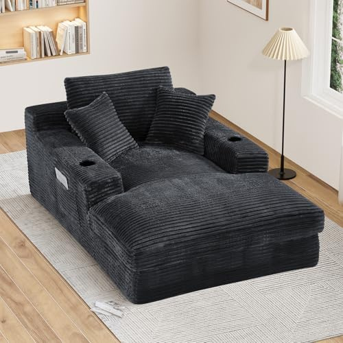 75.9D Oversized Chaise Lounge Chair Indoor with Cup Holders,Dark Grey