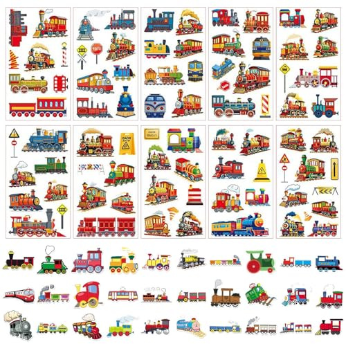 10 Kinderzug-Tattoo-Aufkleber Und 50 Graffiti-Aufkleber, Temporäre Tattoo-Aufkleber, Zubehör Für Geburtstagsfeiern, Dampfzug-Aufkleber, Klassenbelohnungsaufkleber.