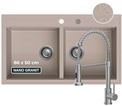 SINK Quality - Lavello doppio di colore beige, con rubinetto, lavello doppio in granito, 86 x 50 cm, doppio lavello con sifone e impregnante, 2 lavelli da cucina
