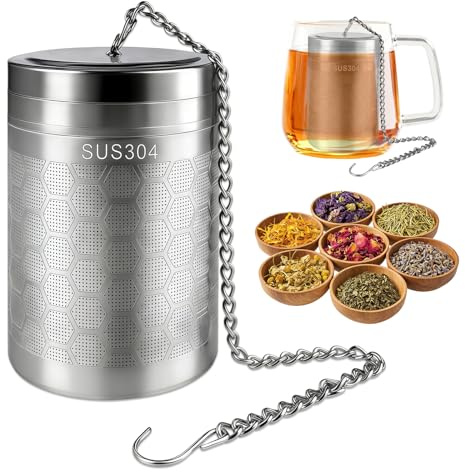 Teesieb Edelstahl mit verlängerter Kette und S-Haken, 7x5cm | Für Thermoskanne, Gewürzsieb, Teefilter Halter, Für Schwarztee, Rooibos, Kräutertee, Gewürze, Kräuter