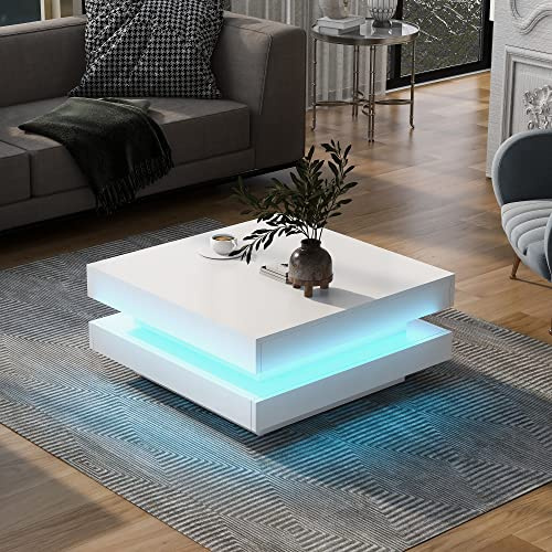 YuQozii quadratischer Hochglanz-Couchtisch mit drehbarer Platte - Moderner Techno-Stil mit 16 LED-Licht, 70x70x36 cm, 360-Grad-Drehtisch (Weiß)
