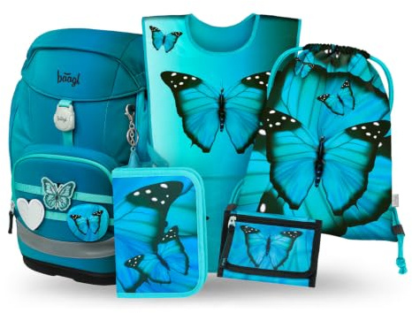 Baagl Airy Plus Schulranzen-Set 5-teilig, 25 l, ab 130 cm (Butterfly) | Isoliertes Snackfach; Magnetverschluss; Brust- und abnehmbarer Hüftgurt