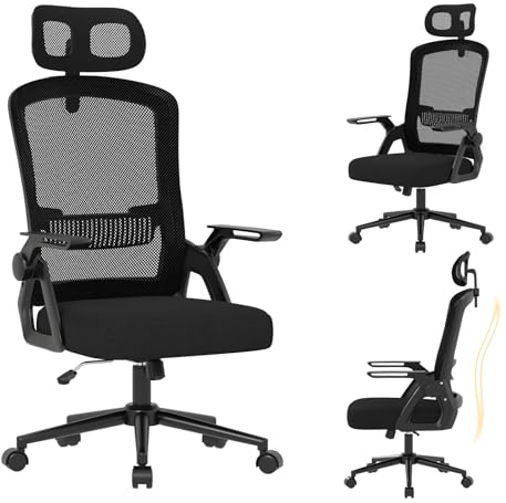 naspaluro Ergonomic Office Chair, Desk Chairs with Lumbar Support Headrest Adjustable, Flip-up armrests Comfy Seat Cushion High Back breathable Mesh Chair, Computer Chair for Home/Office-Black