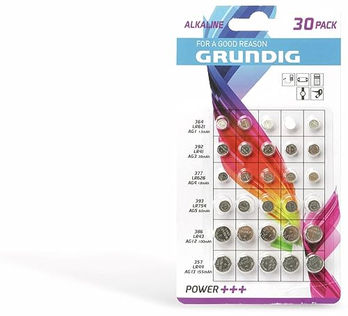 GRUNDIG Pile Bouton AG1 + AG3 + AG4 + AG5 + AG12 + AG13 - 30 Piles Assorties - 1.5 V - Pack de 5 Piles Assorties