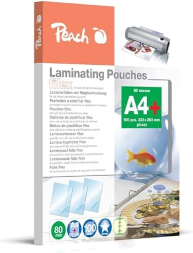 Peach Laminierfolien A4 - 80 mic - 100 pouches - abheftbar - zum praktischen Abheften im Ordner - kompatibel mit Laminiergeräten aller Markenhersteller - S-PP580-21