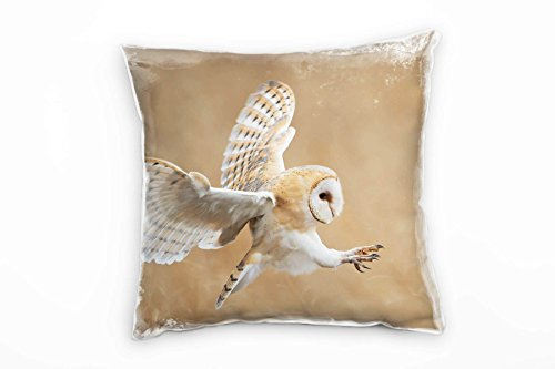 Paul Sinus Art Tiere, Fliegende Eule, beige, weiß Deko Kissen 40x40cm für Couch Sofa Lounge Zierkissen - Dekoration zum Wohlfühlen
