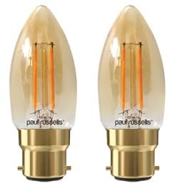 paul russells LED Candle Filament Light – 2.5W 20W Equivalent Replacement, 200LM Lumens, 2200K Extra Warm White, BC B22 Bayonet Cap C35 Bulbs – Energy Saving Non-Dimmable Lamps - 2 Pack