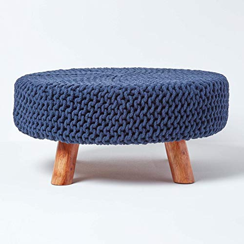 HOMESCAPES Navy Blue Knitted Pouffe Footstool Occasional Seat 100% Cotton for Living Room Children or the Elderly