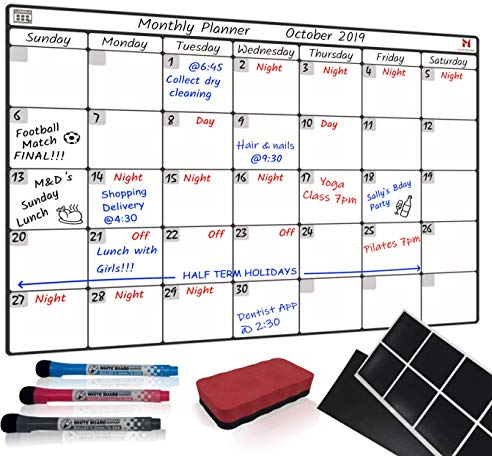 Magnetic Calendar Monthly Planner Whiteboard, Fridge, Wall or Cupboard Mounting System, Ideal Family Organiser, Reminder, Plus 8 Reusable Sticky Pads, Accessories Board, 3 Dry Wipe Markers & Eraser