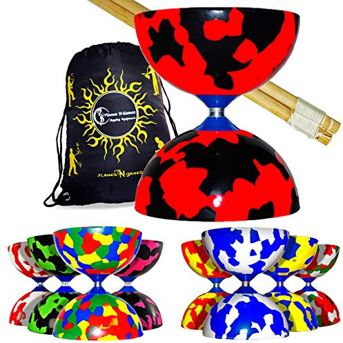 Jester Pro Diabolo Set (7 Designs) mit Holz Diabolo handstäbe, Diaboloschnur & Flames N Games Reisetasche. (Rot/Grün/Weiß)