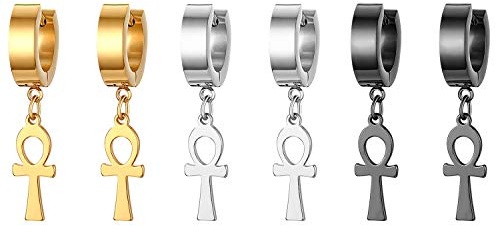 JewelryWe Schmuck 3 Paare Herren Ohrringe Set Edelstahl Creolen Huggie Ohr Manschette Ohrstecker Ohrpiercing mit Ägyptischen Ankh Kreuz Anhänger Unisex gold/schwarz/silber