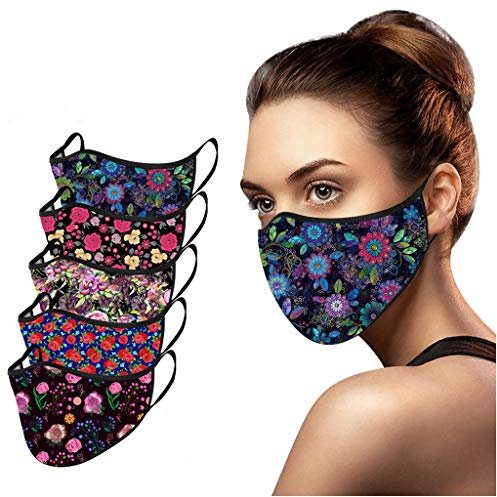 Lulupi 5 Stück Mundschutz Multifunktionstuch Blumen 3D Motiv Maske Waschbar Baumwolle Stoffmaske Motorrad Atmungsaktiv Mund-Nasen Bedeckung Elegant Schön Halstuch Schals für Herren Damen