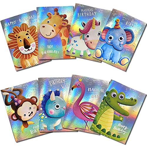 Geburtstagskarte Set für kinder,Große Lustig Tiermotiven 3D Geburtstagskarten Blanko Multipack mit Umschlag und Einlage,Grusskarte Geburtstag für Mädchen, Jungen, Freunde(8 Set)